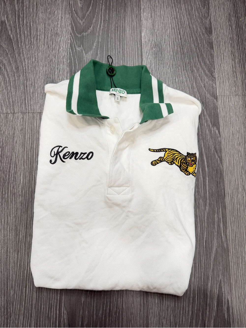 Kenzo White Polo with Green Striped Collar & Tiger Patch